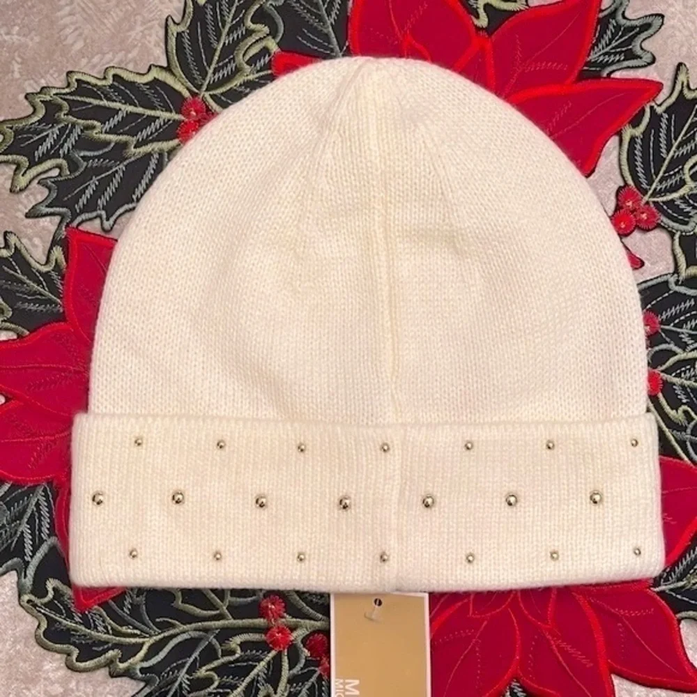 Brand New Michael Kors Cream Knit Beanie Hat w/ Gold Tone Metal Logo & Studs